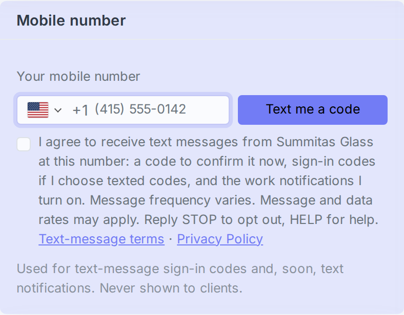 The Mobile number card on Profile & Security: a number field, the consent checkbox with its wording, and the Text me a code button.